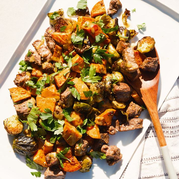 Brussels Sprouts, Sweet Potatoes & American Lamb Cubes Sheet Pan Dinner