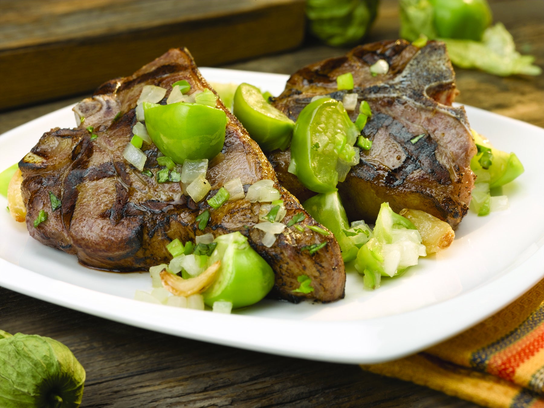 Grilled American Loin Chops with Tomatillo Chutney