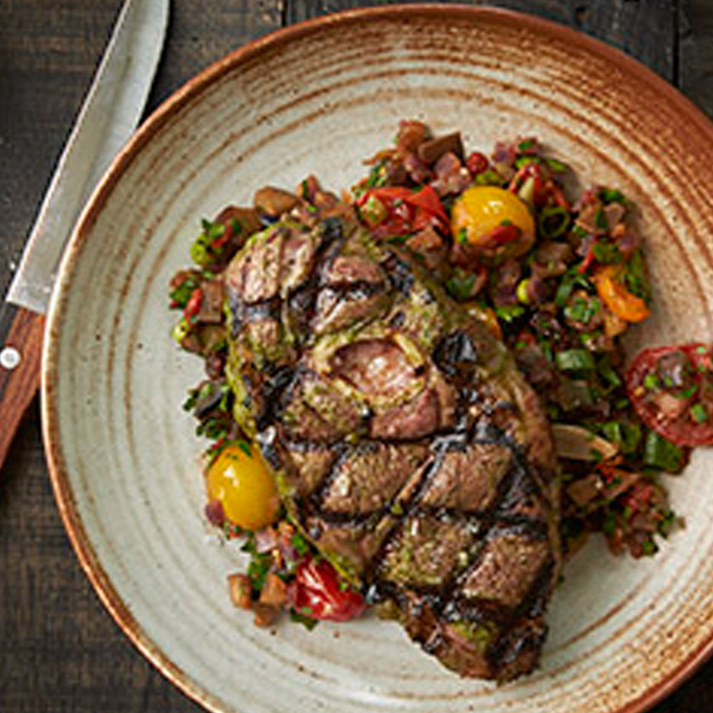 Grilled American Shoulder Chops with Herbed Marinade & Eggplant Caponata