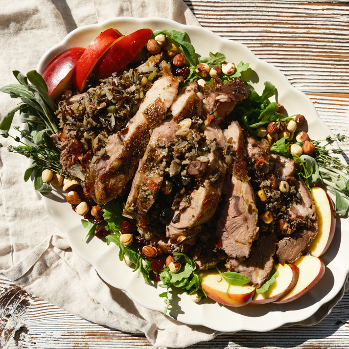 Roasted Leg of American Lamb with Wild Rice, Hazelnut & Dried Cherry Stuffing