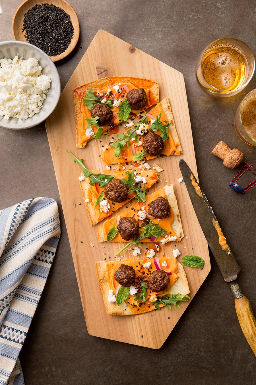 Smoky Spicy Lamb Meatball Flatbreads with Sweet Potato Purée