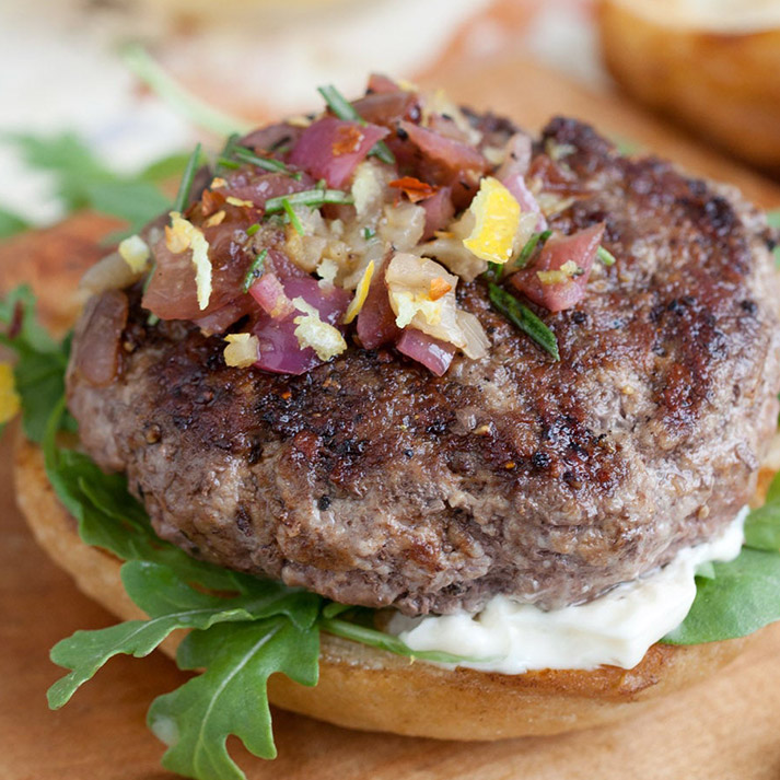 Juicy Grilled American Lamb Burgers with Caramelized Onion, Fennel & Lemon Relish