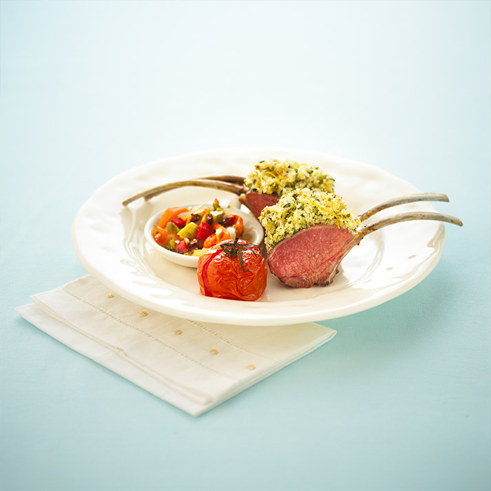 Parmesan Lemon & Herb-Crusted Rack of Lamb Served with Olive Muffuletta & Roasted Roma Tomatoes