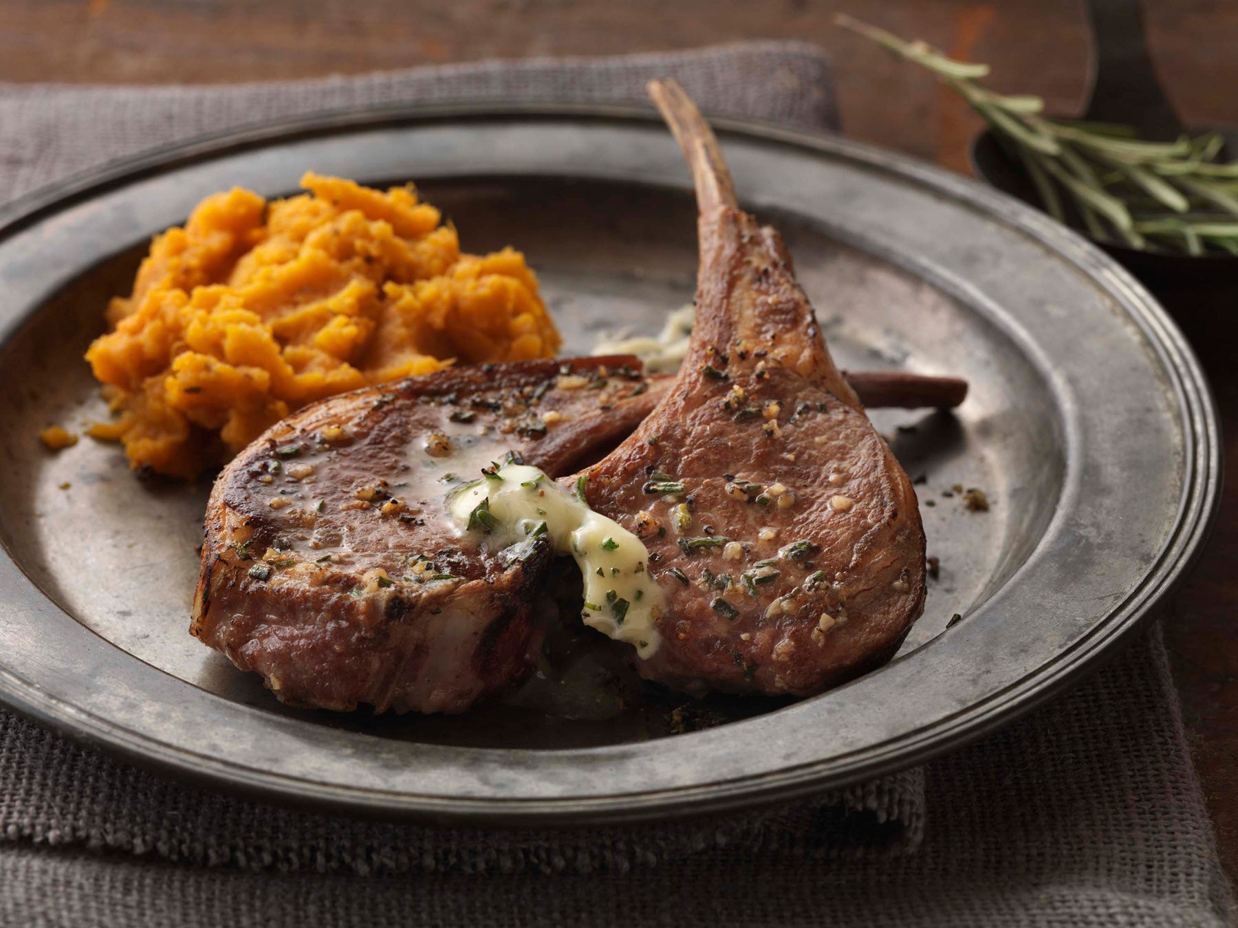 Lamb Rib Chops with Mashed Sweet Potatoes & Rosemary Butter