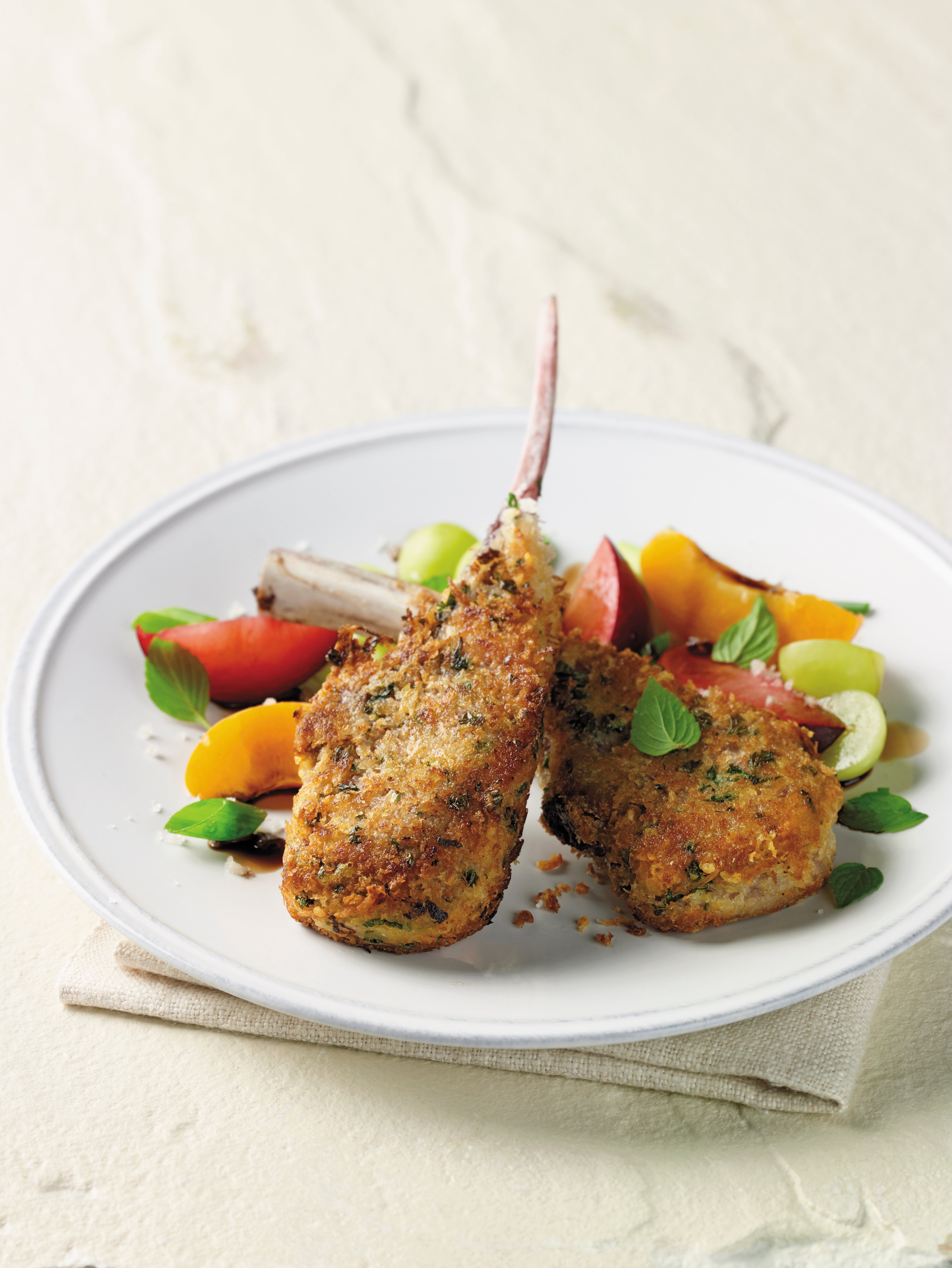 Crusted Rib Chops with Summer Fruit Salad